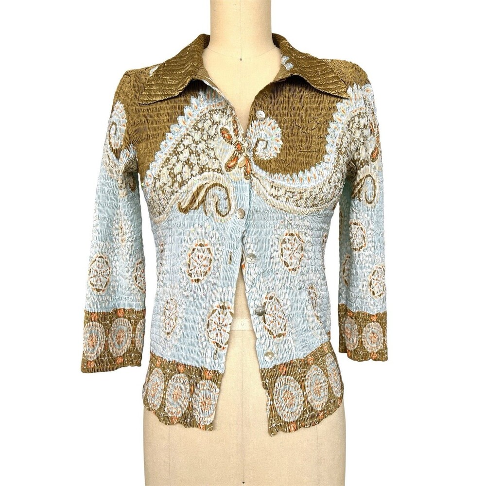 VTG Y2K Alberto Makali Micro Pleat Paisley Sequin Top Iridescent Button Front S